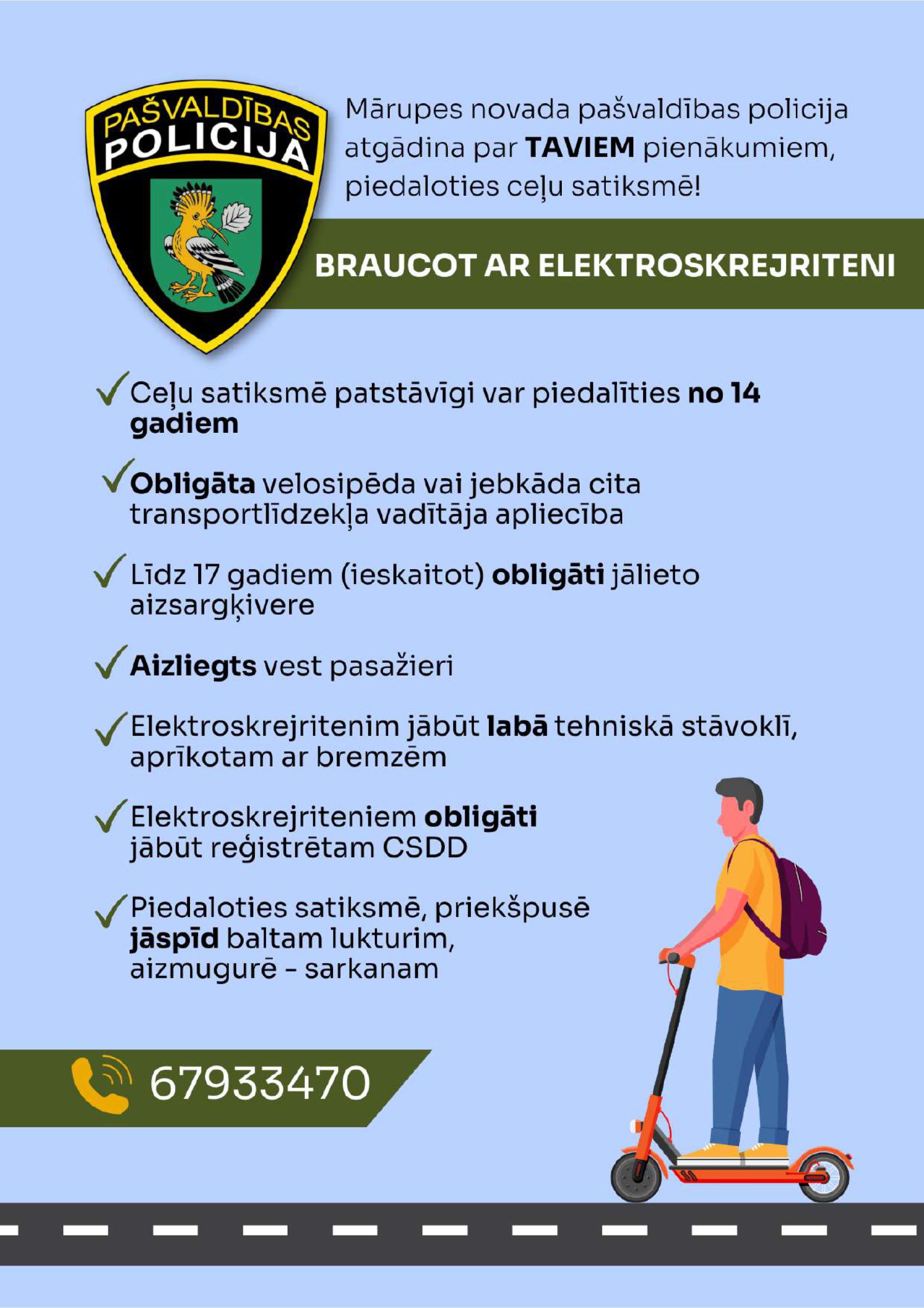 Attēls ar zilu fonu un elektroskrejriteni par pienākumiem, braucot ar elektroskrejriteni
